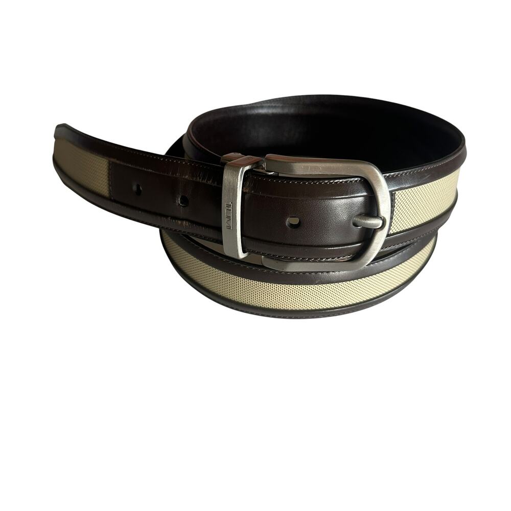 TUMI Leather & Woven Belt Mens Size 38 Espresso Brown Tan Minimalist Classy